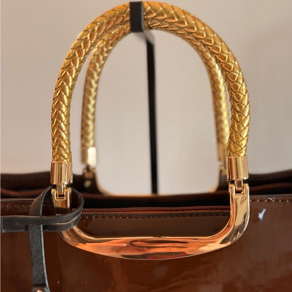 NWOT Elegant Evening Satchel Crossbody Bag Glossy Brown Zipper PU Leather Dusty - Picture 6 of 15